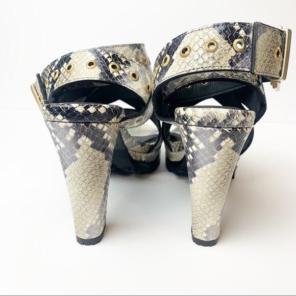NWT AllSaints Sienna Snakeskin Print Leather Buckle Heeled Platform Sandal 8 - Picture 5 of 10